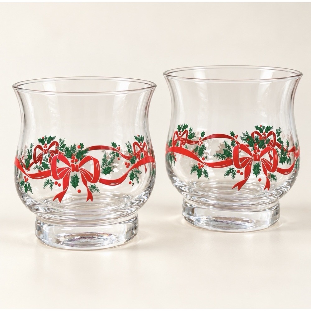 Set of 2 Christmas Drink Old Fashioned Rocks Drink Holly Pine Red Ribbon Glasses